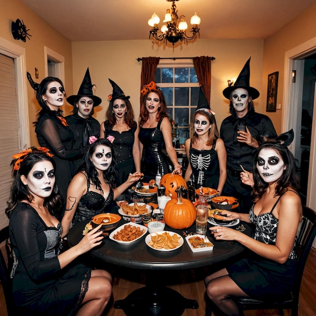 a group of people dressed up and sitting around a table with a pumpkin and a pumpkin