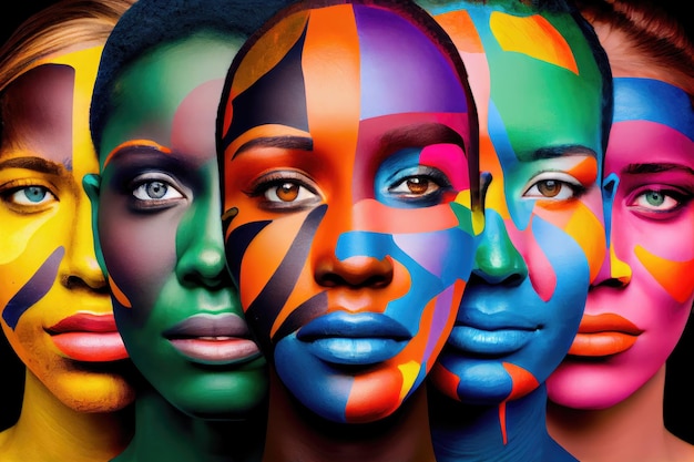 Group of people each with their own colorful face collage representing diversity