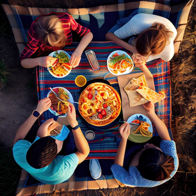 A group of people eating food at a picnic table