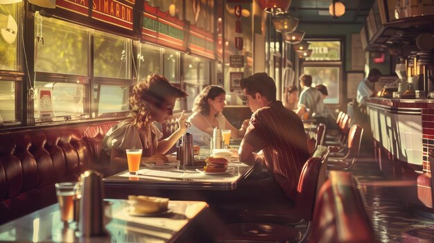 Photo a group of people eating in a restaurant with a sign that says  panasonic