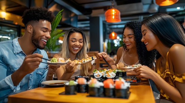 a group of people eating sushi and having a meal together