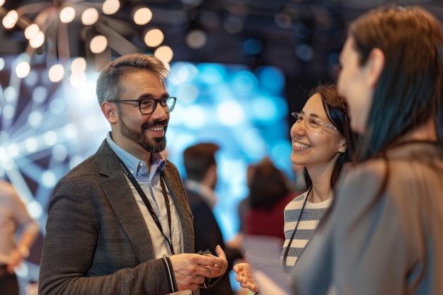 Photo a group of people engaging in lively conversation at a networking event illuminated by vibrant blue lights and smiling faces