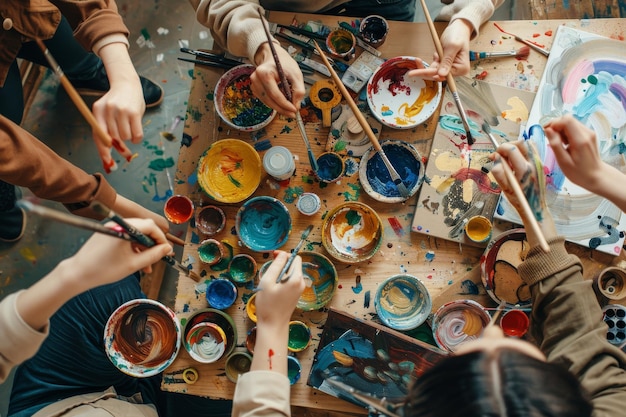 A group of people engaging in a vibrant colorful painting session with brushes and paint palettes creating a lively artistic scene