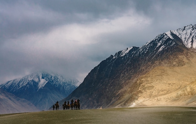 A group of people enjoy riding a camel walking on a sand dune in Hunder