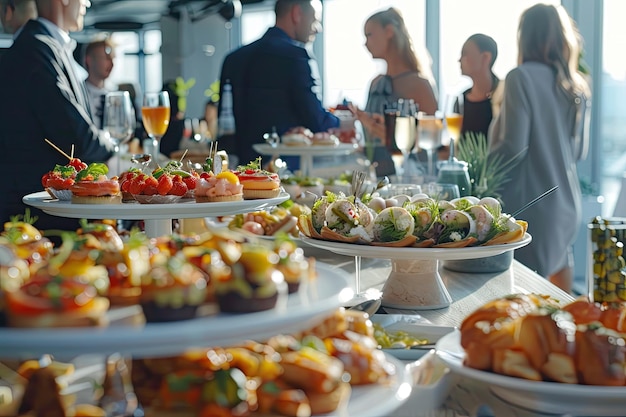 Group of people enjoying brunch buffet canape together at event