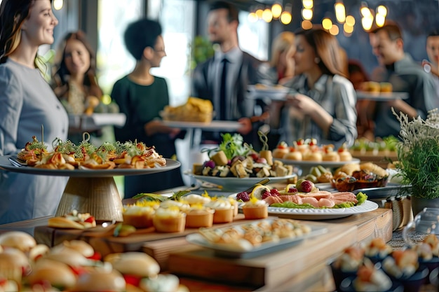 Group of people enjoying brunch buffet canape together at event