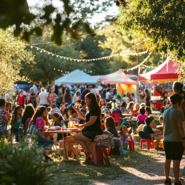 Group of people enjoying an outdoor festival with food music and entertainment in the afternoon sun