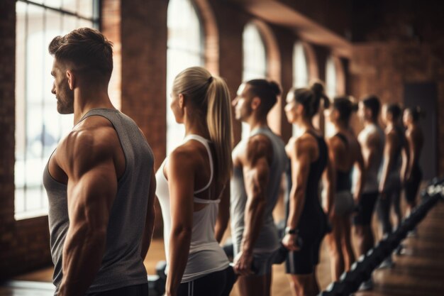 Photo group of people in exercise gear holding dumbbells at gym