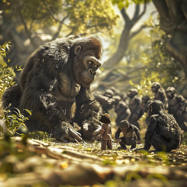 a group of people in a forest with a gorilla in the background