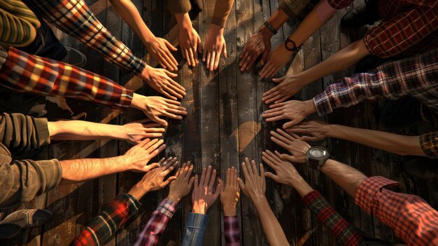 Photo a group of people forming a circle with their hands joined in the center against a wooden floor