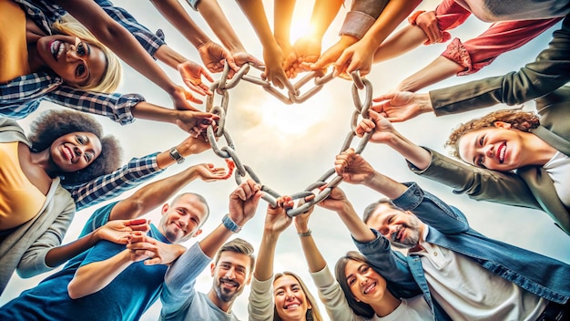 Photo group of people forming a heart with their hands around them