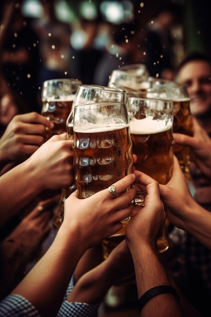 A group of people friends hold beer glasses while sharing a mug at bar