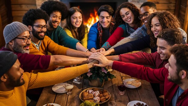 group of people in front of a fire with hands around them