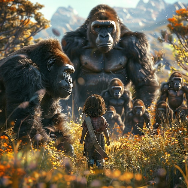 a group of people in front of a gorilla with a girl in a dress