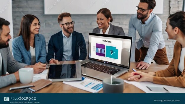 a group of people in front of a laptop with a screen showing a man with a laptop and a picture of a man in glasses