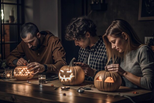 a group of people in front of a table with pumpkins and candles