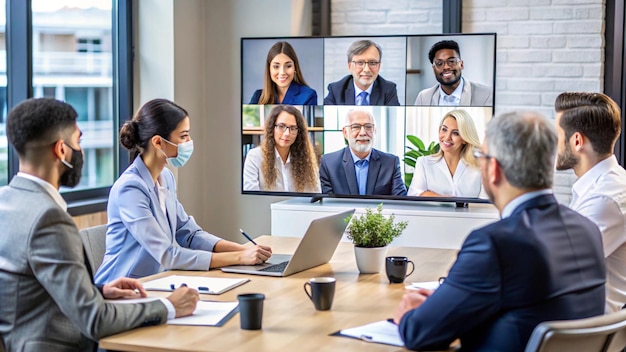 a group of people in front of a tv with a medical mask on it