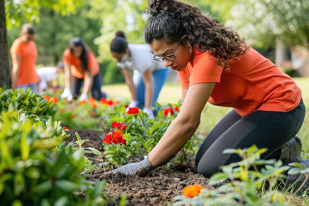 Group of people gardening and planting flowers in a park