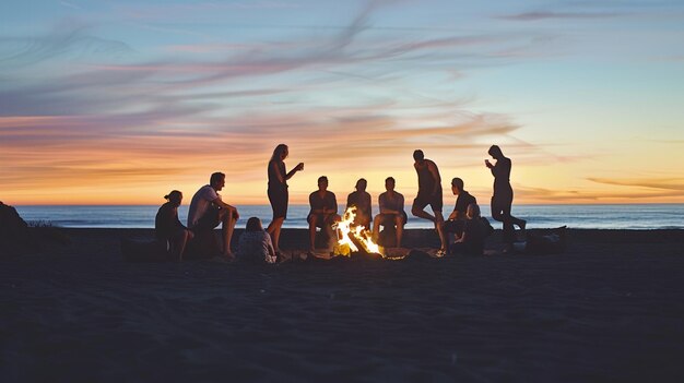 Photo a group of people gather around a campfire at sunset