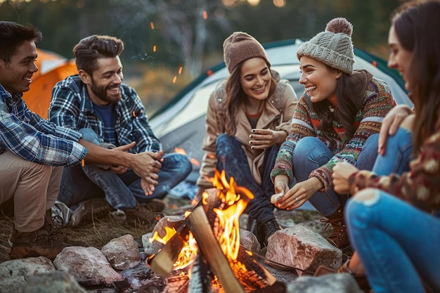 Group of people gathered around a campfire enjoying each others company in the evening A group of friends gathered around a campfire sharing stories and laughter