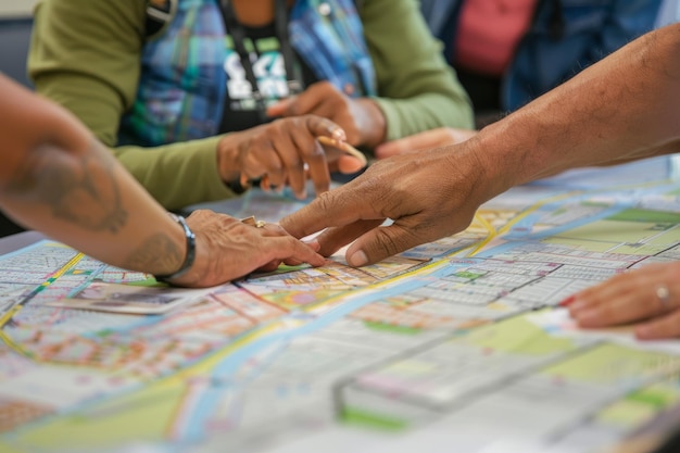 Photo group of people gathered around a map discussing community plans and projects during a meeting or