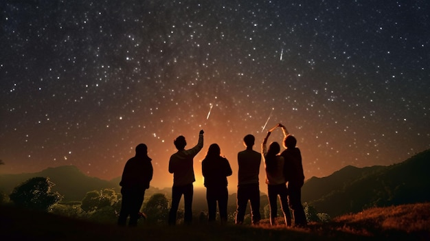 a group of people gazing up at the night sky clear summer night AIGenerated