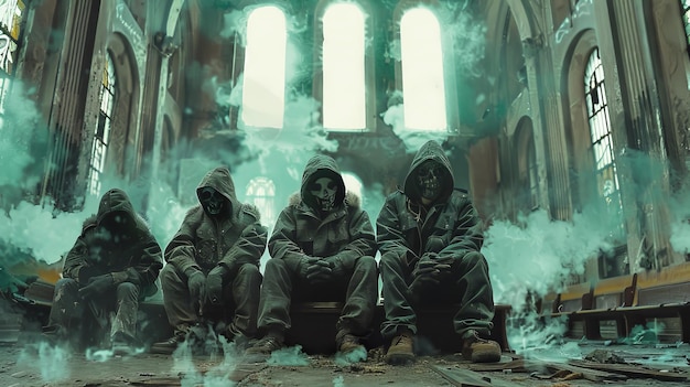 A group of people in the hall of an abandoned church The concept of horror