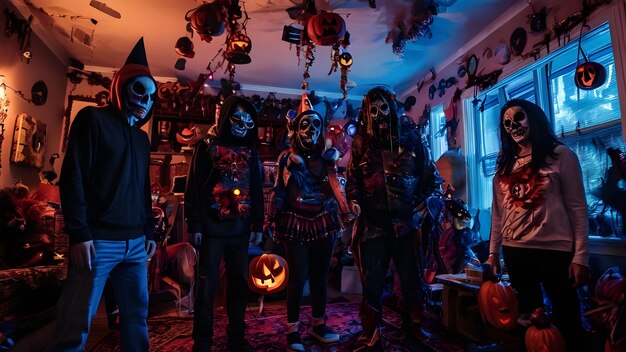 Photo a group of people in halloween costumes are posing in a room with a pumpkin