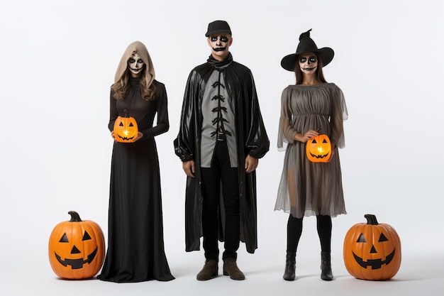 Group of people in halloween costumes with pumpkins on white background