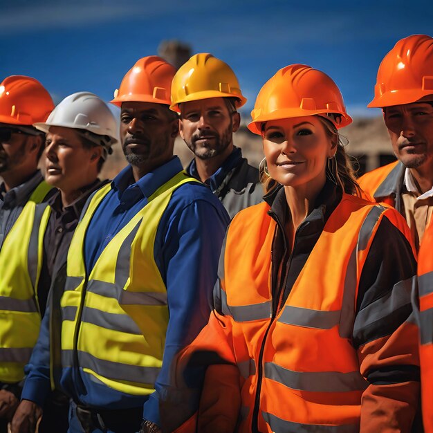 a group of people in hard hats and safety vests standing in a construction site groundbreaking