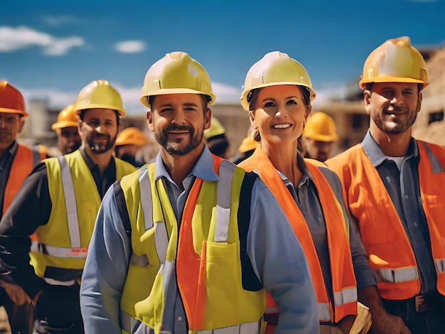 a group of people in hard hats and safety vests standing in a construction site groundbreaking