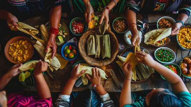 Group of people having brunch together at table indoors top view