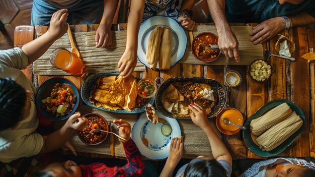 Group of people having brunch together at table indoors top view