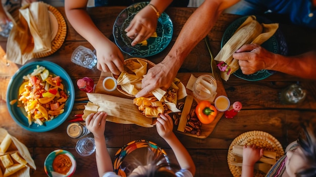 Group of people having brunch together at table indoors top view