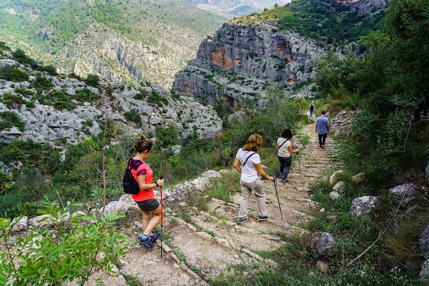 Group of people hiking on the mountain path going down steps.