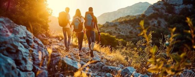 a group of people hiking in the mountains