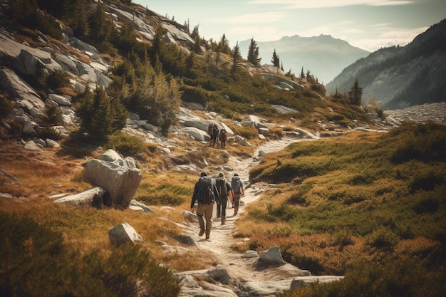 A group of people hiking on a trail with mountains in the background