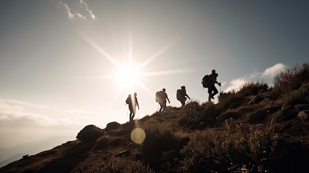 A group of people hiking up a hill with the sun shining on them