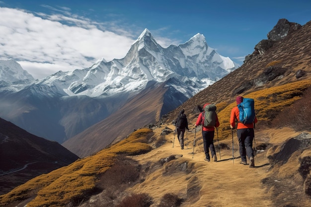 A group of people hiking up a mountain AI generative image