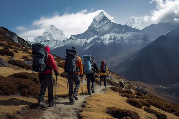 A group of people hiking up a mountain AI generative image