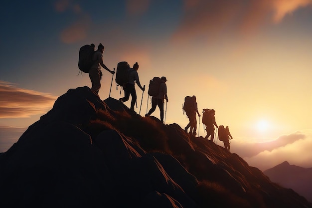 Group of people hiking up mountain at sunset or sunrise Generative AI