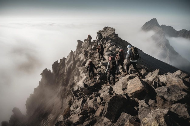 A group of people hiking up a mountain with the fog in the background.