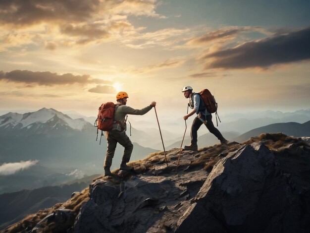 Group of people hiking up a mountain with a mountain in the background