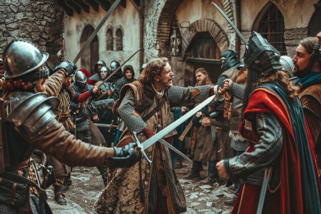 Photo a group of people in historical costumes reenacting a medieval scene