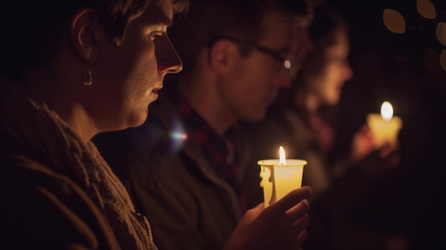 Photo a group of people hold candles during a vigil their faces softly lit by the flickering flames creating a serene contemplative atmosphere of unity and remembrance