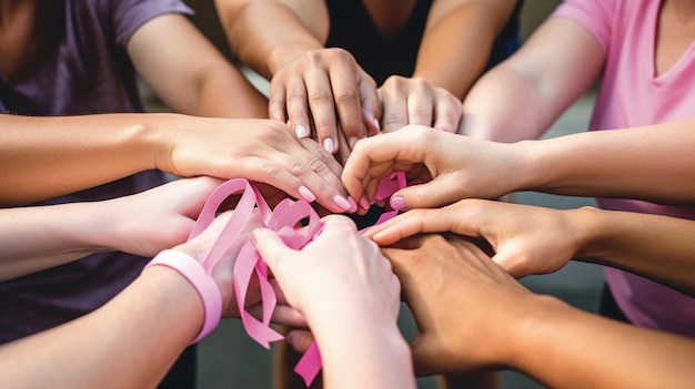 A group of people hold hands with pink ribbon around them.