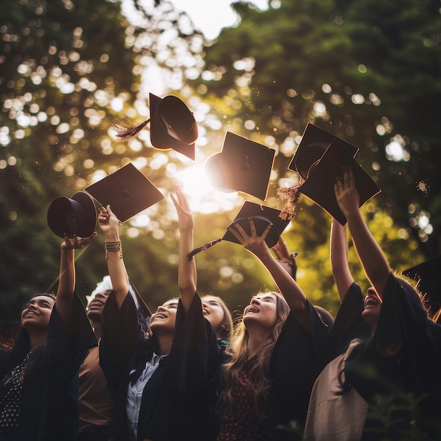 Photo a group of people holding books with the sun shining through the trees