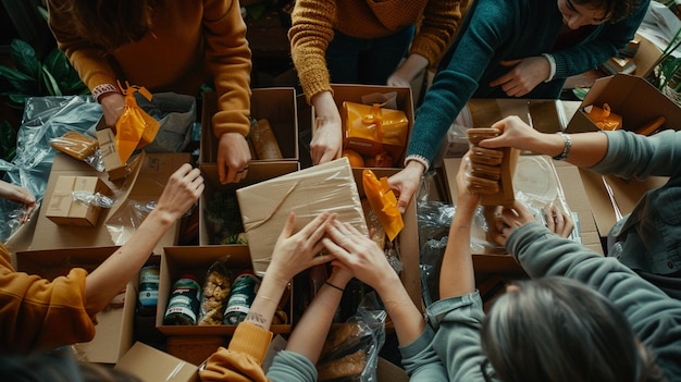 Photo a group of people holding boxes with one that says quot the word quot on it