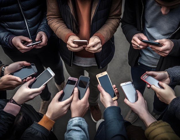 a group of people holding cell phones with one holding a cell phone.