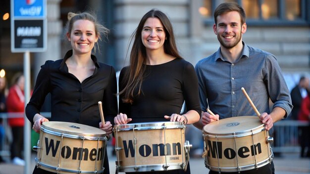 Photo a group of people holding drums with the words women on them